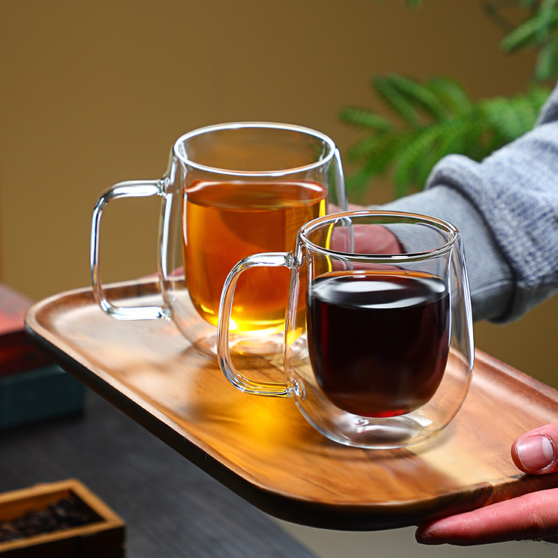 Vaso de agua de vidrio de borosilicato alto, taza de vidrio de doble capa, taza transparente simple con asa, taza de café, taza para jugo, leche o té