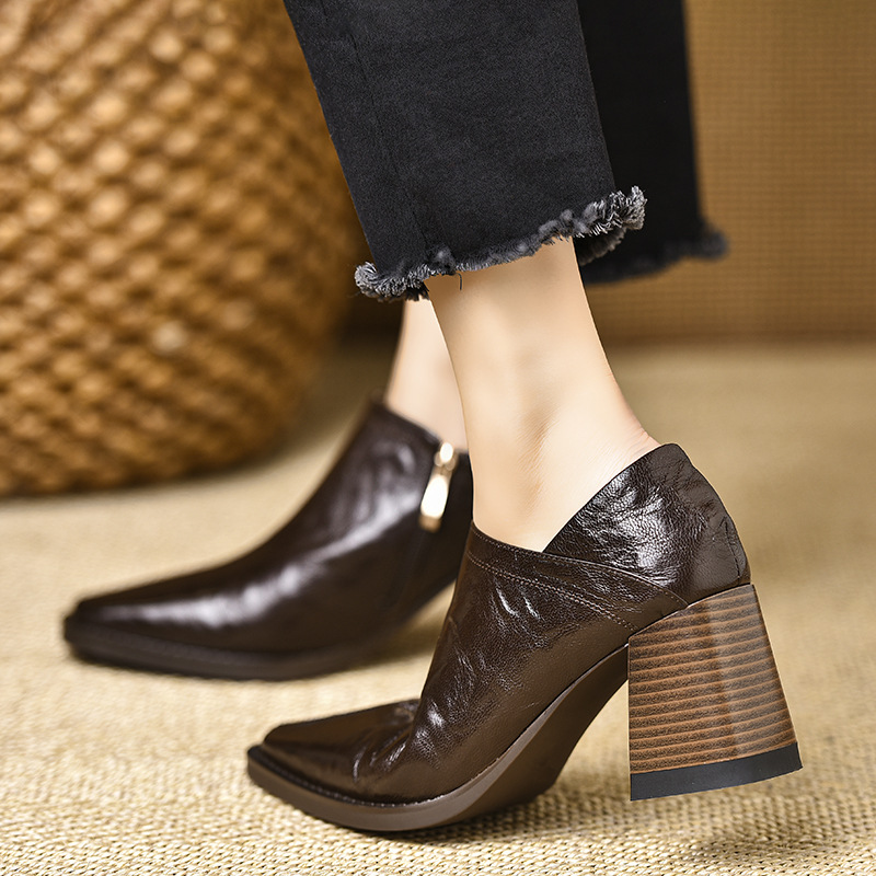 Women's Retro Chunky Heel Shoes Square Toe With Side Zipper_voghion.com
