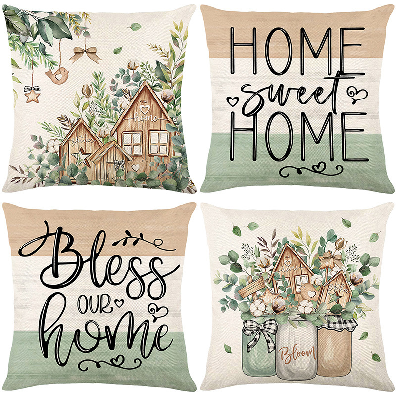 Amazon spring new plant printed pillow cover linen letter decoration living room sofa pillow cover cushion cover