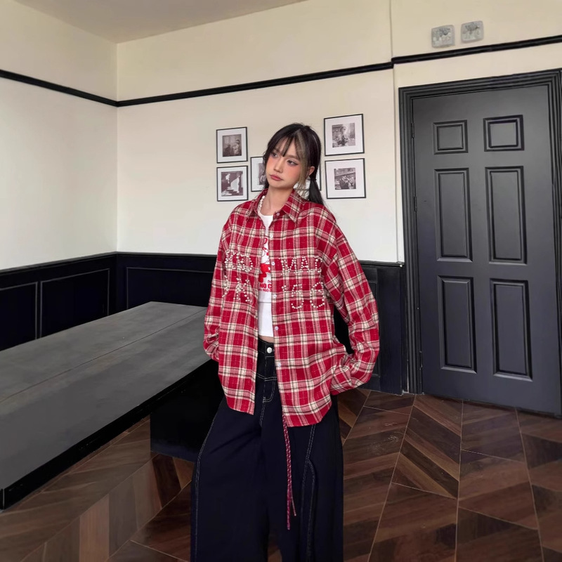 American Trendy Retro Red Plaid Shirt for Women Spring and Summer Long-Sleeved Sun Protection Shirt Design Loose Couple Jacket