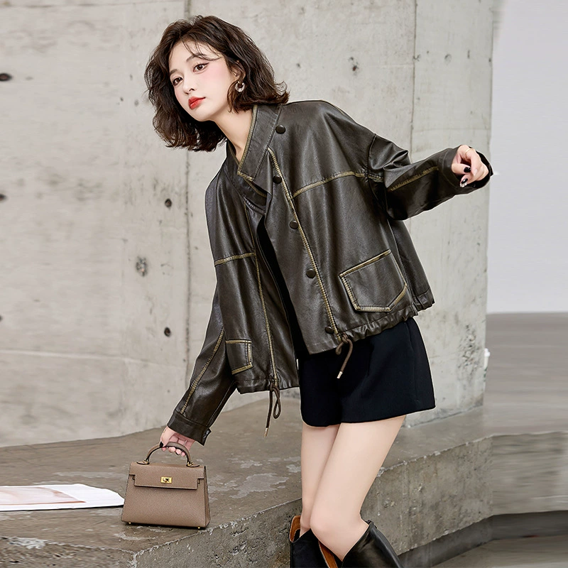 Autumn short polyurethane jacket, drawstring, high-quality style