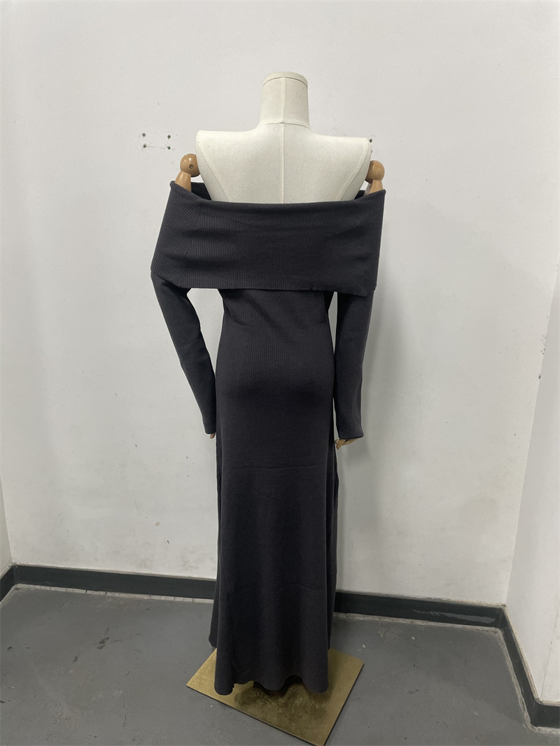 Autumn Winter Women Clothing Elegant off Shoulder Dress Solid Color Formal Dress Length Dress