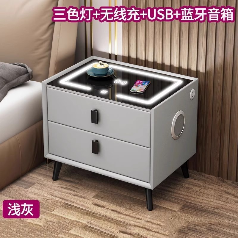 [라이트 그레이 2 서랍] 무선 충전기 + LED 3 색 빛 + USB + 블루투스 스피커