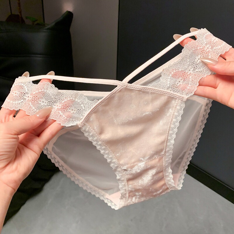 Peach-Colored Thoughts~French-Style Velvet Sexy Lace Panties for Women, Pure Desire Hollow-Out Design, Comfortable Pure Cotton Crotch Women's Briefs
