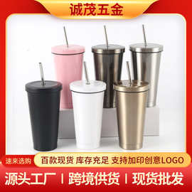 外贸16oz 304双层不锈钢吸管杯礼品杯厂家批发男女真空咖啡杯