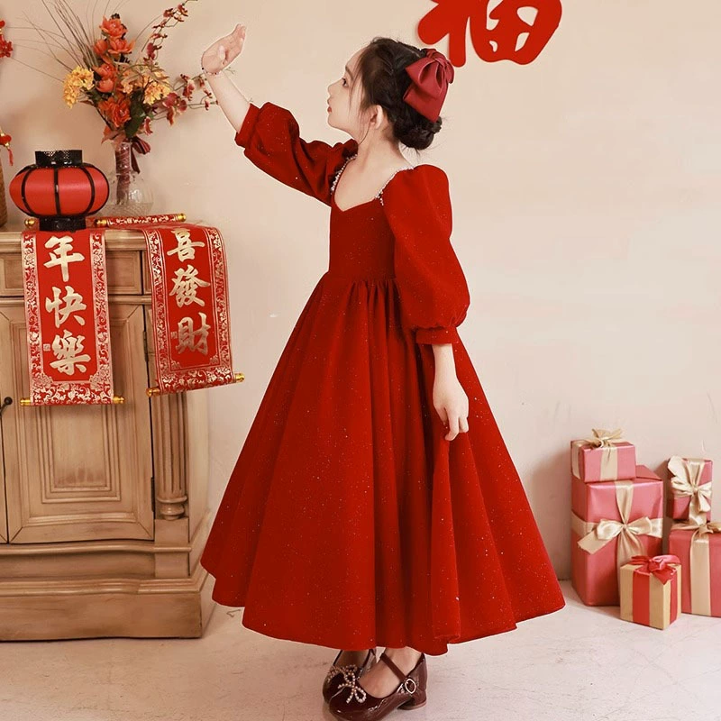Children's red flower girl dress, small princess costume, suit, western style