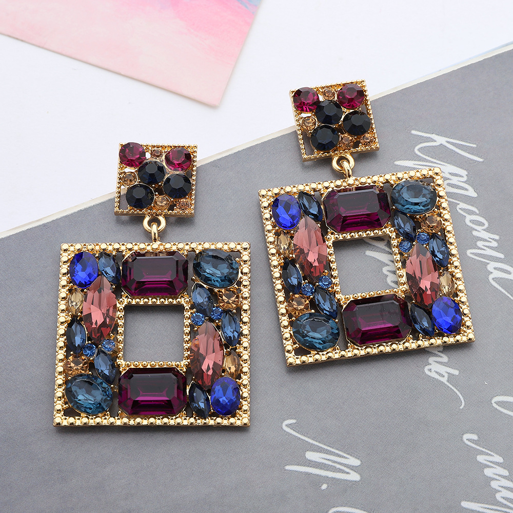 Metal Material 1 Pair Fashion Square Inlay Metal Artificial Diamond Drop Earrings