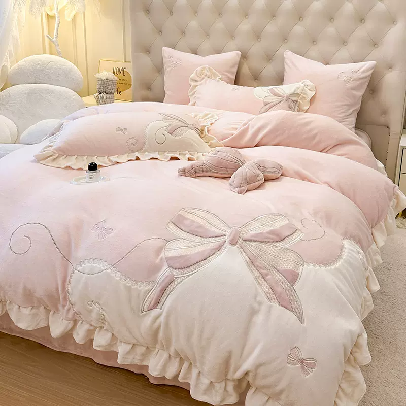 少女心刺绣冬季牛奶绒四件套加厚保暖珊瑚绒加绒被套公主床上用品