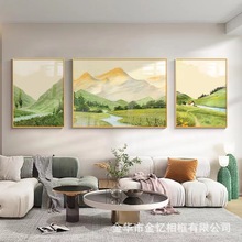 北欧客厅装饰画绿色沙发背景墙挂画现代三联风景壁画高档大气油画