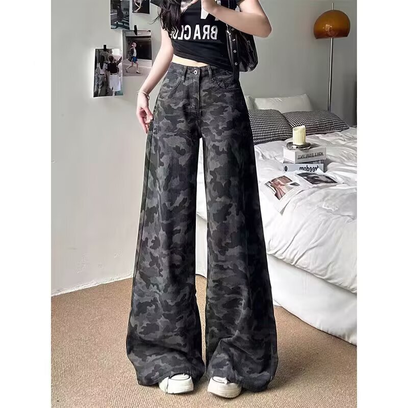 Vintage Camouflage Wide-Leg Workwear Jeans for Women, New Design, Loose Fit, Slimming, Versatile, Straight-Leg, Floor-Length Pants