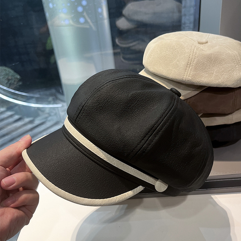 2024 nuevo sombrero octogonal de cuero PU mujeres otoño invierno color coincidente sombrero de lengua de pato hombre calle casual cara gorra de periódico pequeño