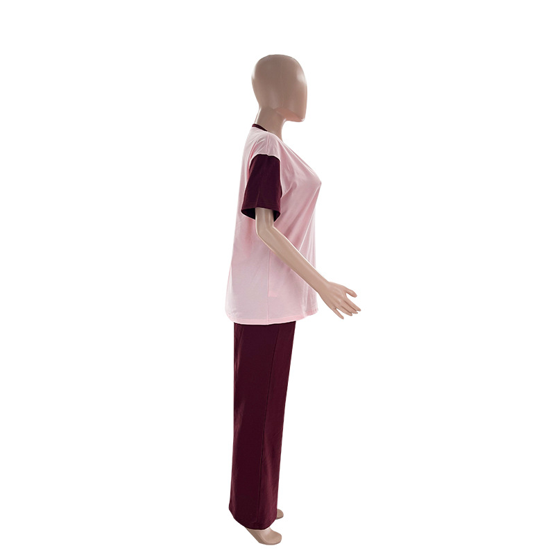 Summer Contrast Color round Neck Short Sleeved T shirt Women Casual Wide Leg Pants Two Piece Sets