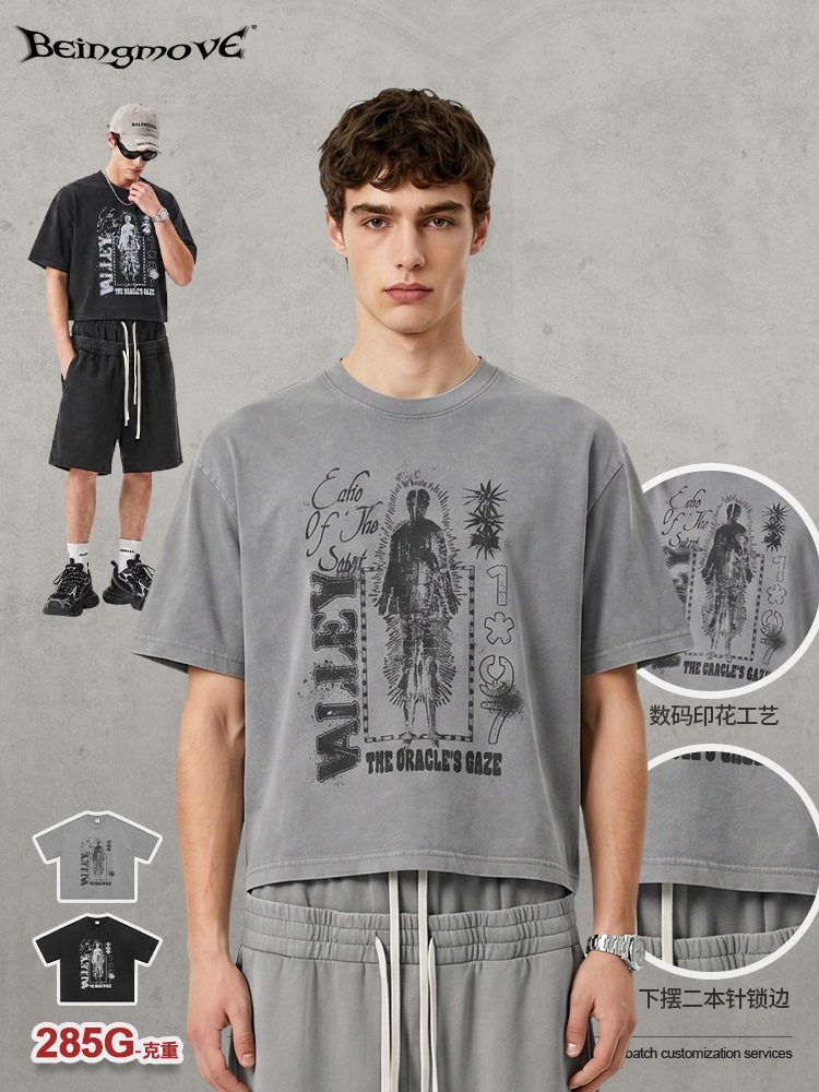 Calle secada| Nicho americano calles oscuras camisetas vintage sueltas camisetas vintage lavados de hombros de manga corta hombre