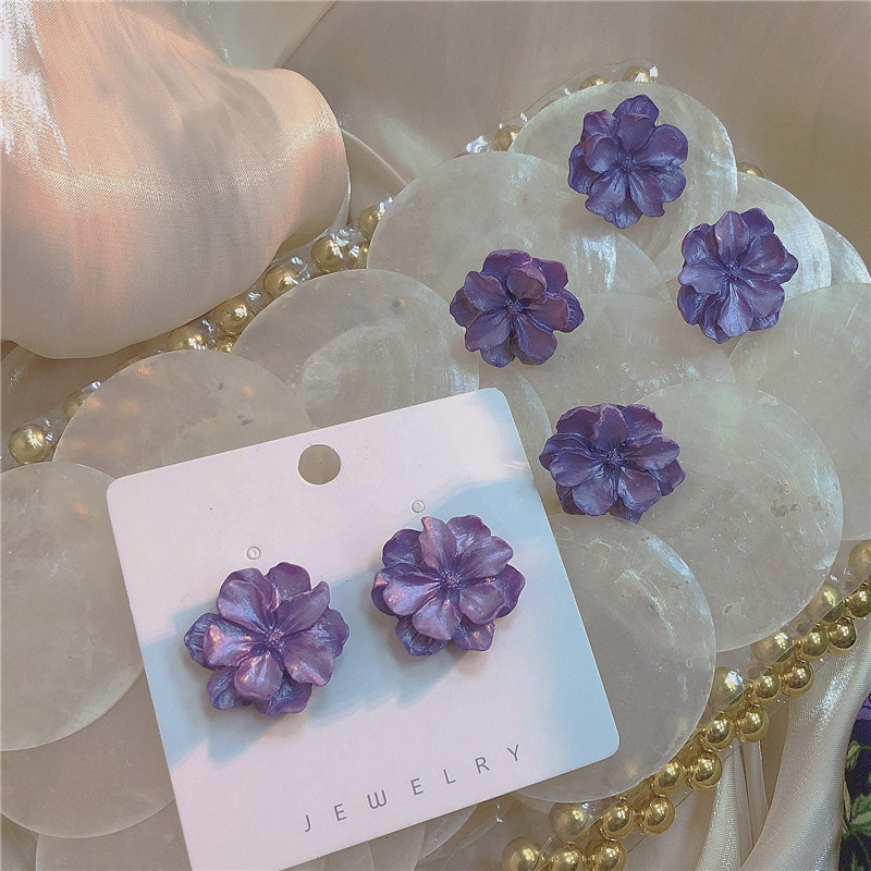 Purple Flower Earrings Cute Fresh Style Korean Elegant Retro Hong Kong Style French Style Earrings without Ear Holes for Women