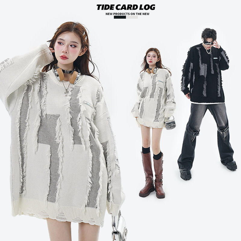 Ανδρικά Ρούχα με σκισμένες φούντες, μικρές ετικέτες, άνετη εφαρμογή, μοντέρνα πουλόβερ με χρωματική αντίθεση_voghion.com