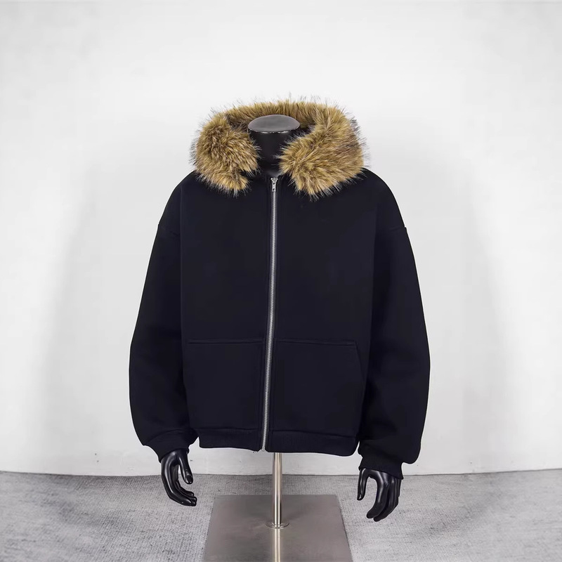 Kanye-Inspired Yeezy Retro Hooded Sweatshirt with Fur Collar and Zipper, Loose Fit for Men and Women