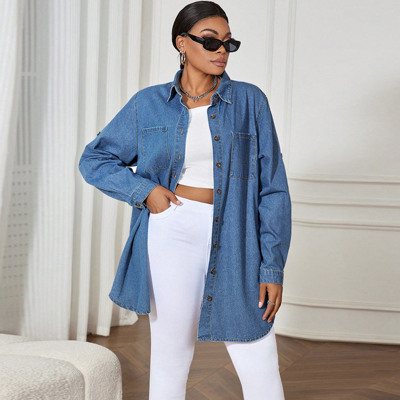 Jeanshemd in Übergröße, Oversize-Hemdjacke aus Chambray mit langen Ärmeln für Damen, lässige Bluse zum Drunterziehen_voghion.com