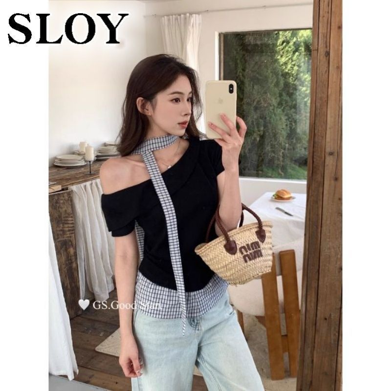 SLOY韩系格纹拼接斜肩假两件短袖T恤女2025夏季新款设计显上衣|undefined