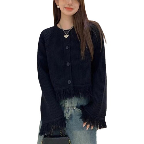 Korean-style design long-sleeved cashmere sweater coat for women, autumn and winter tassel loose knit open sweater coat