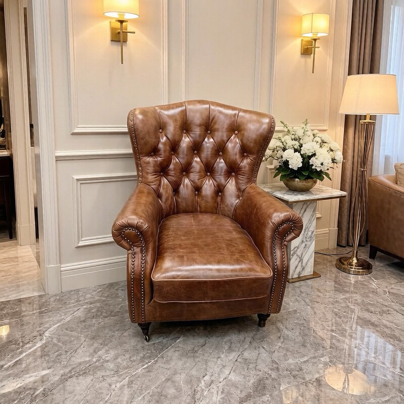 American-Style Executive Chair, Tiger Chair, Vintage Genuine Leather Single Chair for Small and Large Spaces, High-Back Sofa Chair for Living Room, Bedroom, and Balcony