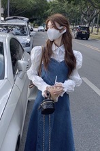 艺术生牛仔背带裙女春秋新款法式复古连衣裙设计感别致套装裙