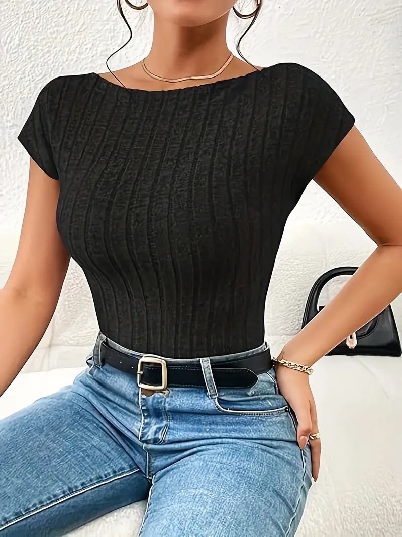 new sexy slim backless short top wide striped fleece short-sleeved T-shirt for women_senzul.com