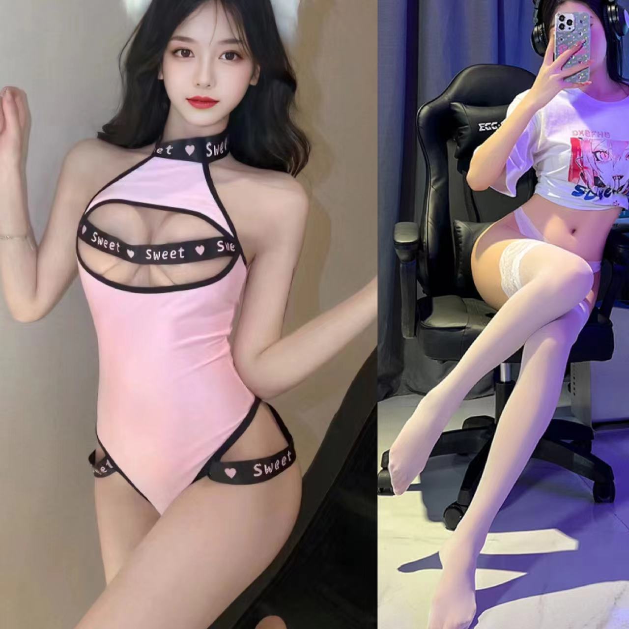 핑크색 점프수트 + 흰색 스타킹