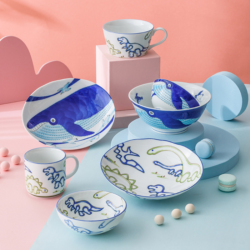 Japanese Imported Cartoon Children's Tableware Set Underglaze Color Animal Dinner Plate Train Bowl Dinosaur Plate Car Head Mug