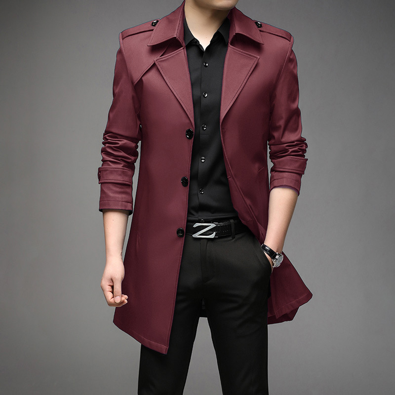 (Main Recommended Style) Mid-Length Trench Coat for Men with Back Slit, Spring and Autumn Season, Turn-Down Collar, Solid Color, Youthful and Luxurious Top 8908 (Main Recommended Style) Mid-Length Trench Coat for Men with Back Slit, Spring and Autumn Season, Turn-Down Collar, Solid Color, Youthful and Luxurious Top 8908