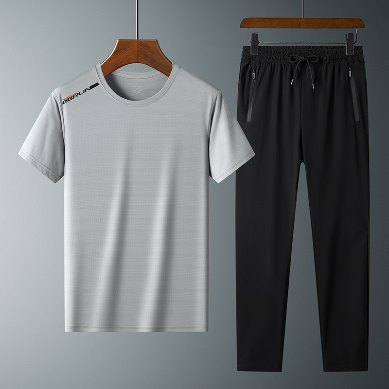 Moda pantalones de seda de hielo cuello redondo Camiseta de dos piezas para hombres talla grande suelta de secado rápido traje deportivo LOGO se puede formular