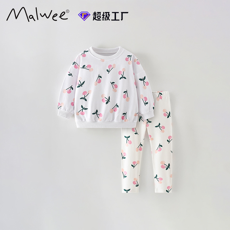 Malwee niñas transfronterizas de otoño y invierno nuevos niños europeos y estadounidenses cuello redondo manga larga conjunto de impresión casual