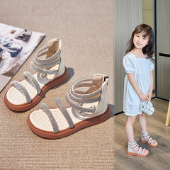 Rhinestone one-word bag with heel and open toe, beautiful 2024 popular new style children and girls Korean sandals Rome