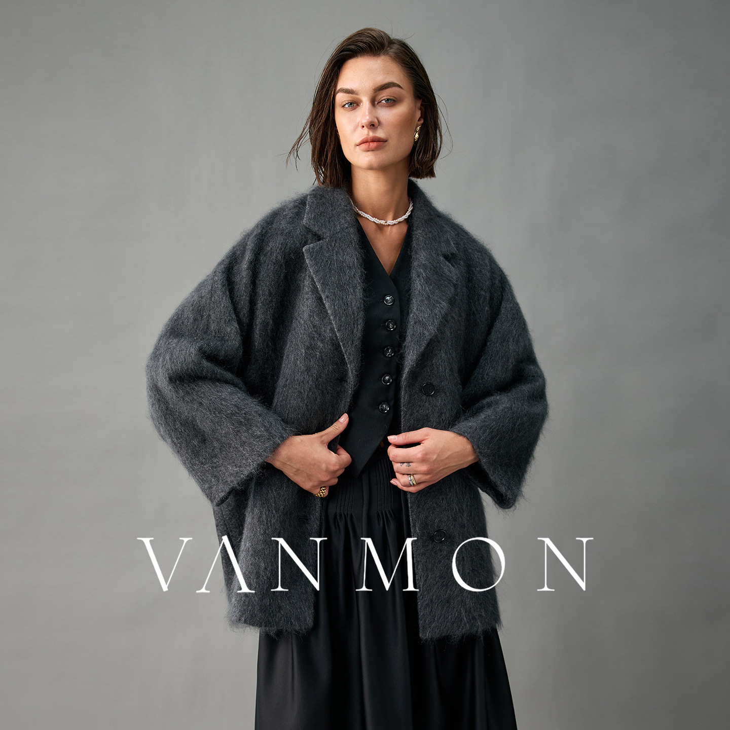 Lined 100 Pure Cashmere Woolen Outwear for Women Loose Cocoon-Shaped Lapel Bat Sleeve Mid-Length Brushed Outwear