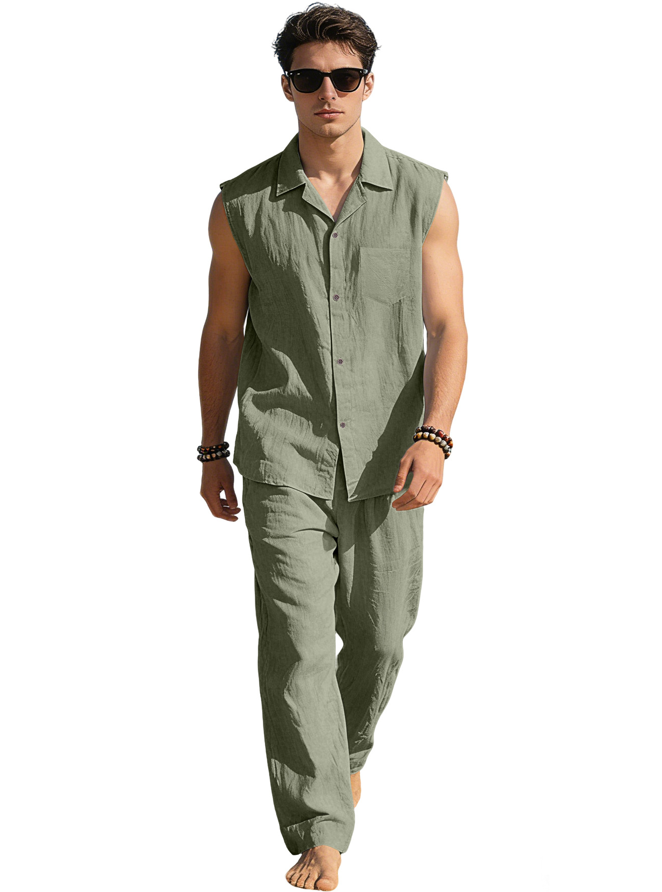Europa y América transfronterizos de verano hombre camisa delgada sin mangas con solapa deportiva casual lino camisa de color sólido pantalón conjunto