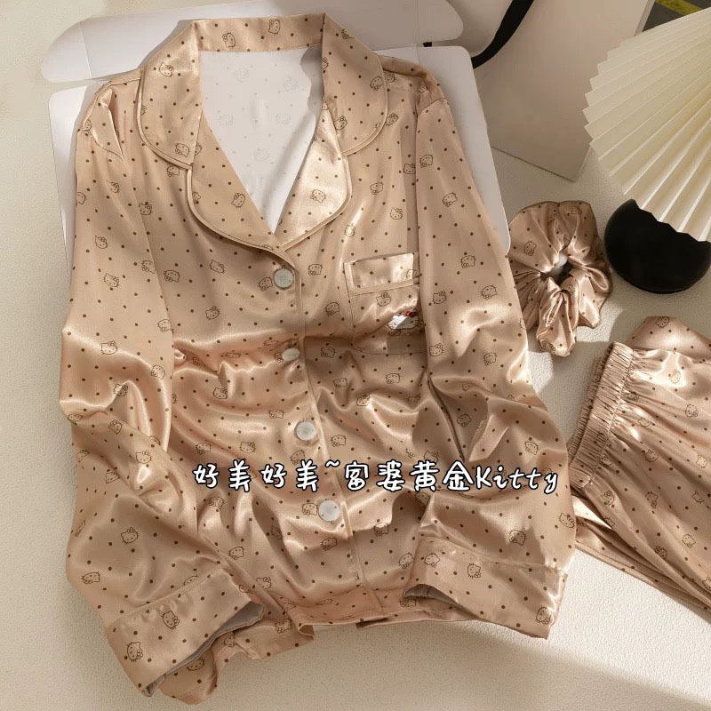 Spring and Autumn New Women's Long Sleeve Ice and Snow Silk Mesh Red Home Clothes Golden KT Cat Cute Embroidered Home Clothes Spring and Autumn New Women's Long Sleeve Ice and Snow Silk Mesh Red Home Clothes Golden KT Cat Cute Embroidered Home Clothes