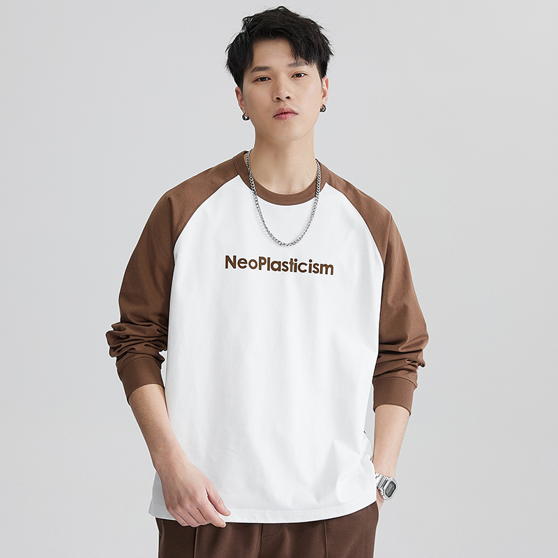 F1121 | Großes, neues Herbstprodukt für Herren, 260G, langärmliges T-Shirt mit Kuhhorn-Patchwork und lockerem Saum für Männer_voghion.com