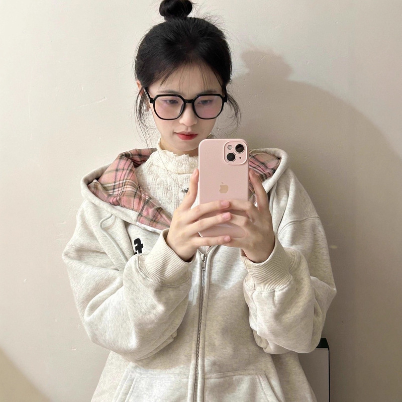 韩系拼接格子连帽卫衣女秋冬2025新款休闲设计感加绒美式复古帽衫|undefined
