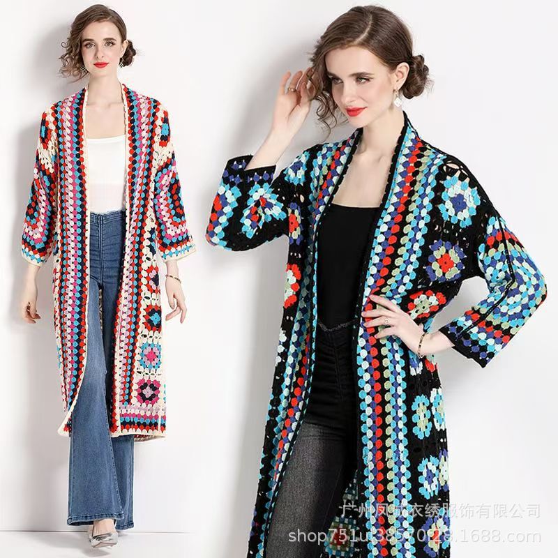 Bohemian Resort Style Crochet Color-Blocked Plaid Knitted Jacket for Women Autumn and Winter Loose Mid-Length Shawl Cardigan Top