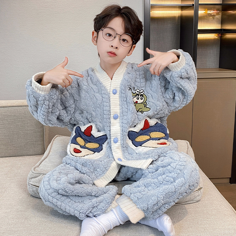 Pijamas de niños de invierno de nuevo estilo de mangas largas con cremallera de ropa cálida para el hogar simple para niños de tamaño medio y grande se pueden usar fuera