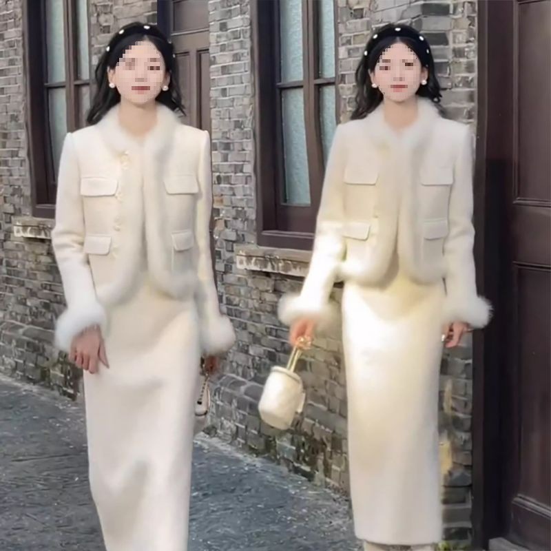 冬季小香风流行穿搭加棉加厚时尚套装裙女洋气兔毛百搭显瘦两件套
