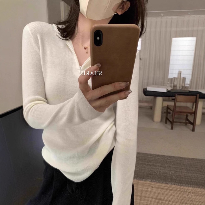 Korean Style Gentle Half-Zip Hooded Knitwear for Women in Autumn and Winter with Lazy Slim-Fitting Bottoming Knitwear Design Top
