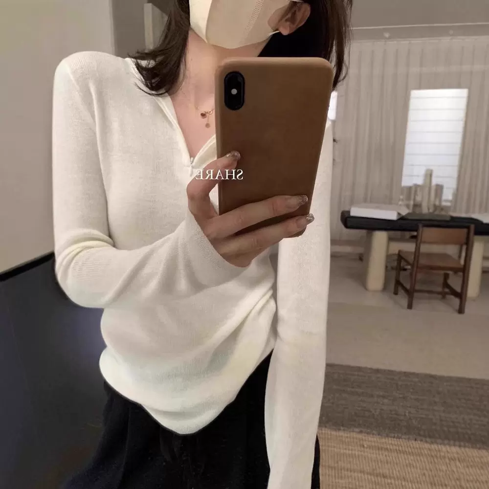 韩系温柔半拉链连帽针织衫女秋冬内搭慵懒修身打底毛衣设计感上衣