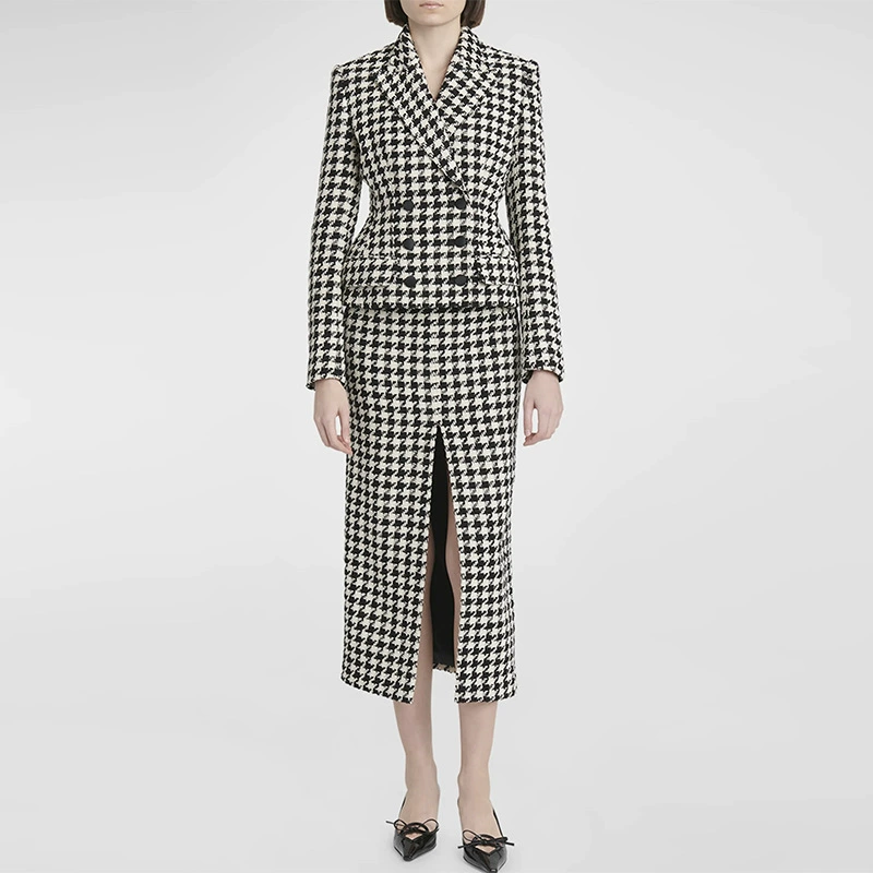 Элегантный костюм в клетку «гусиная лапка» 2025 года, новый европейский стиль, профессиональный, с пиджаком и длинной юбкой с разрезом, комплект из двух предметов