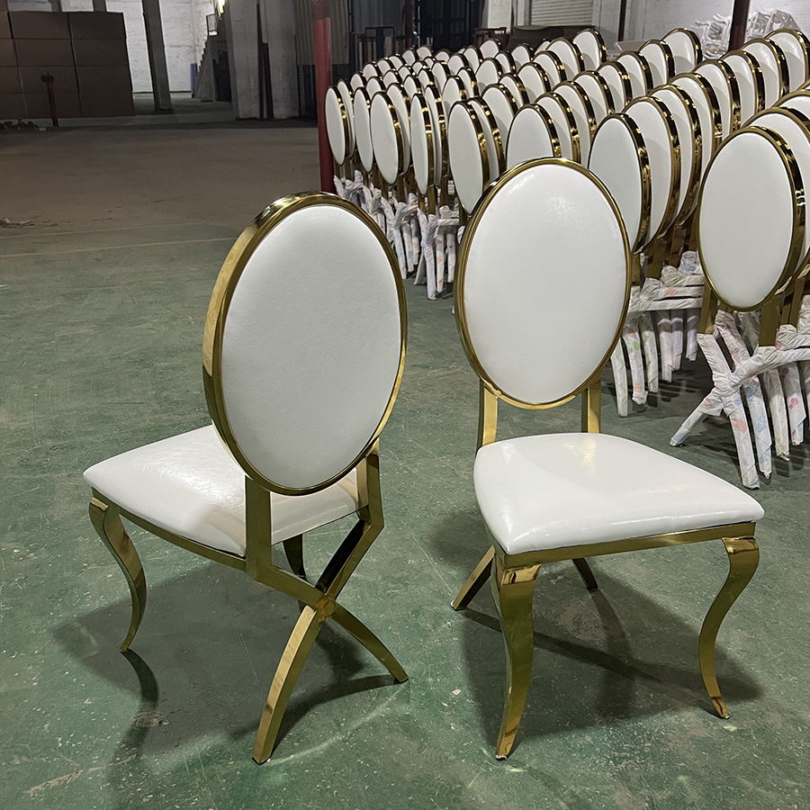Sillas de comedor de acero inoxidable de Guangdong, sillas para banquetes, hoteles y bodas, sillas apilables con respaldo, taburetes de exterior de lujo ligero