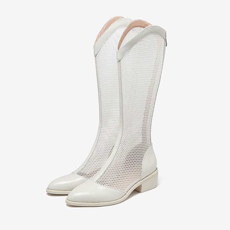 Boot nữ cổ cao da thật đế thô gót vuông ống lưới rỗng dây kéo sau — Màu nâu ống lớn, Ống nhỏ màu đen, Ống nhỏ màu nâu, Ống nhỏ màu trắng Be chi tiết 6