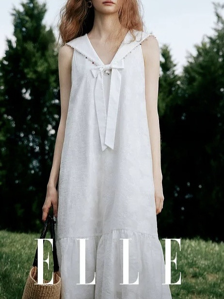 【明星同款】ELLE拾贝少女海军领连衣裙女2025夏季新款减龄小白裙|undefined