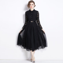 春夏季新款翻领重工钩花镂空法式蕾丝连衣裙女性感大摆过膝长裙子