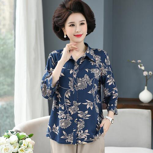 2026 middle-aged and elderly cotton silk shirt, women's long-sleeved, mom's artificial cotton shirt, plus size spring and summer loose top