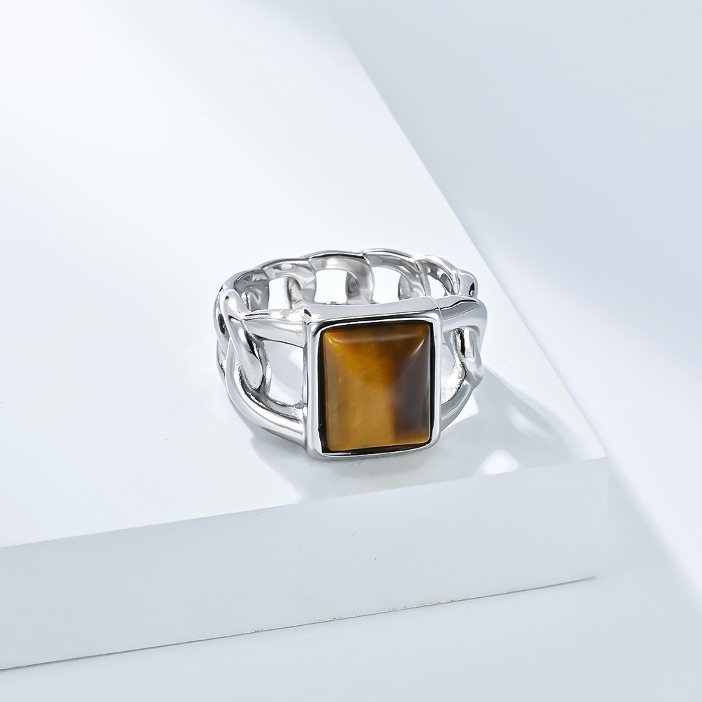 Herren Tigerauge Edelstein Ring Im Cuban Chain Design Edelstahl_voghion.com