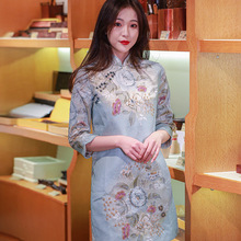 2021连衣裙春季复古中国风改良旗袍女装订珠刺绣修身显瘦上衣